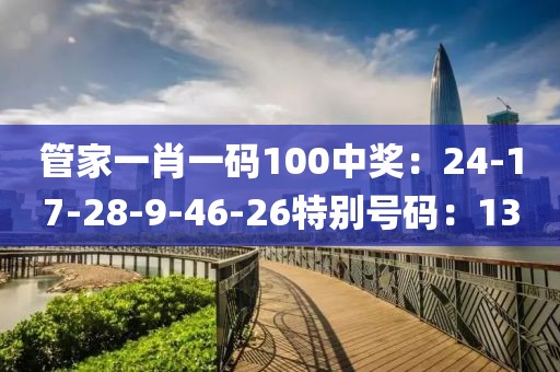 管家一肖一码100中奖：24-17-28-9-46-26特别号码：13